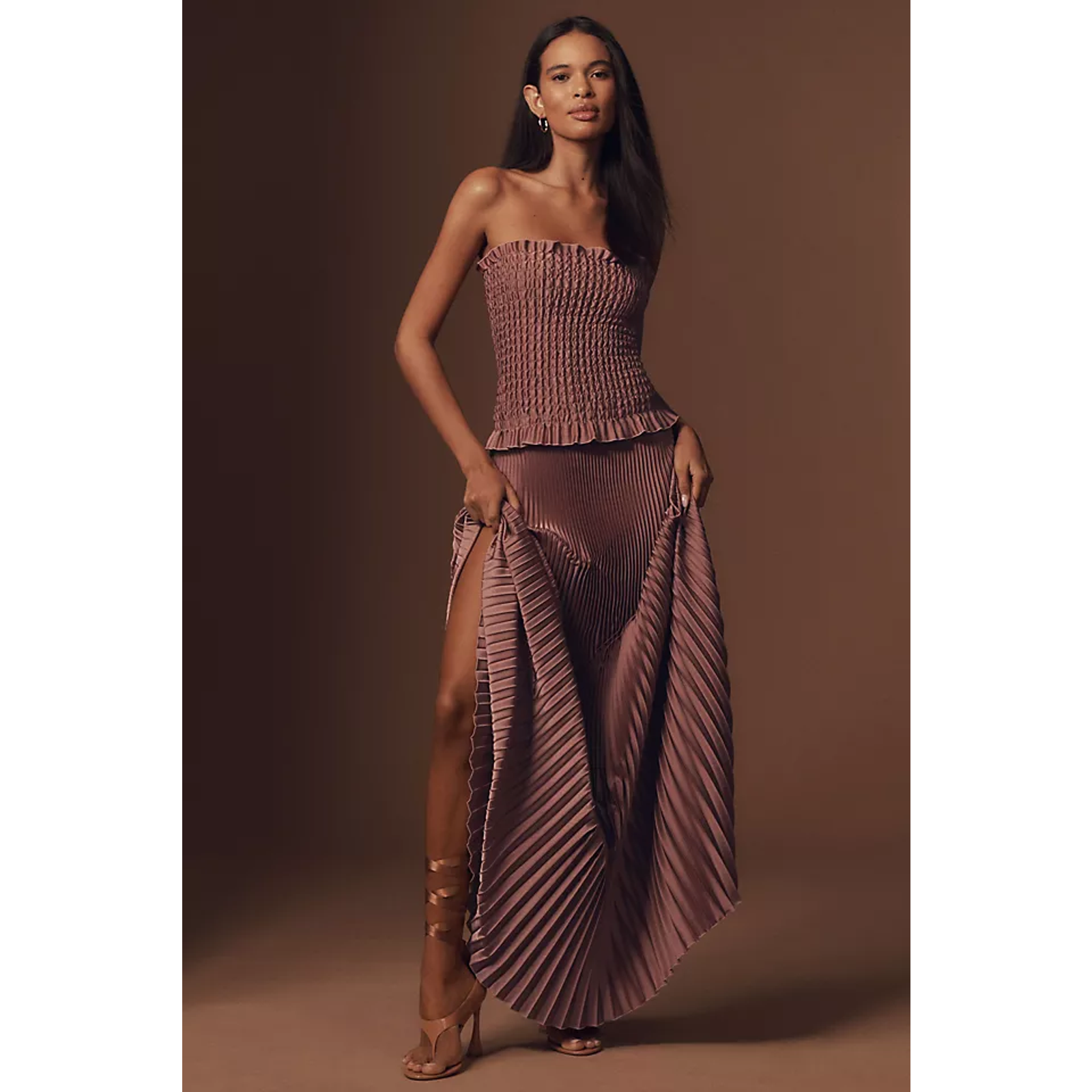 L'ide Maya Satin Strapless Ruched Pleated Maxi Dress Suede Brown Womens Size 6